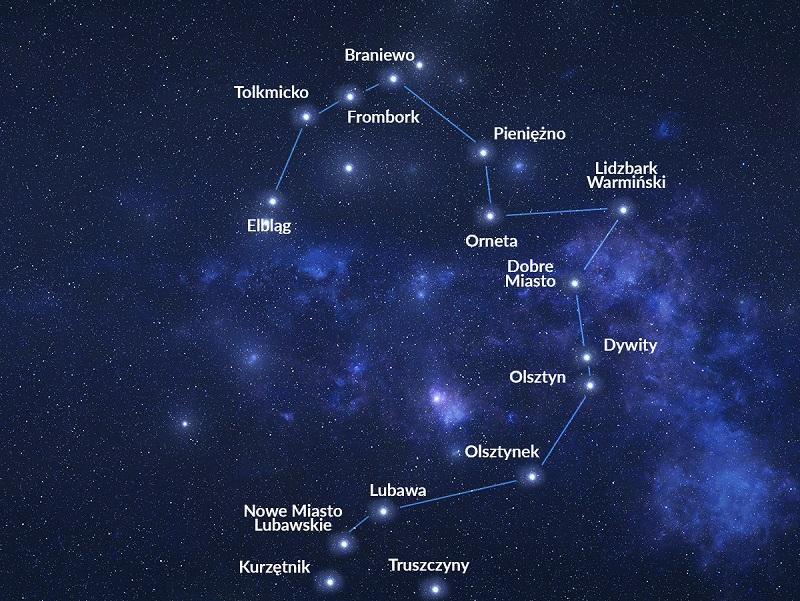 Szlak Kopernikowski - mapa w kształcie gwiazdozbioru 