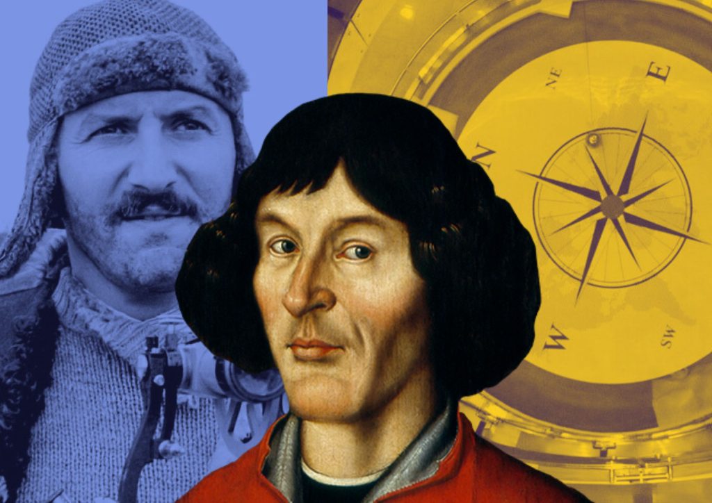 Portret historycznego człowieka na tle kompasu