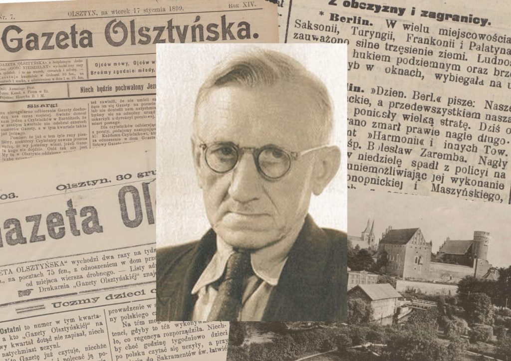 Człowiek w okularach na tle starych gazet.