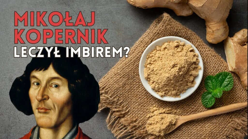 Portret Mikołaja Kopernika z imbirem w tle.