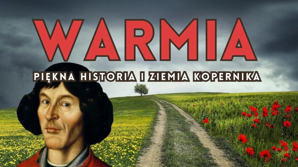 Plakat z napisem 'Warmia' i portretem Mikołaja Kopernika.