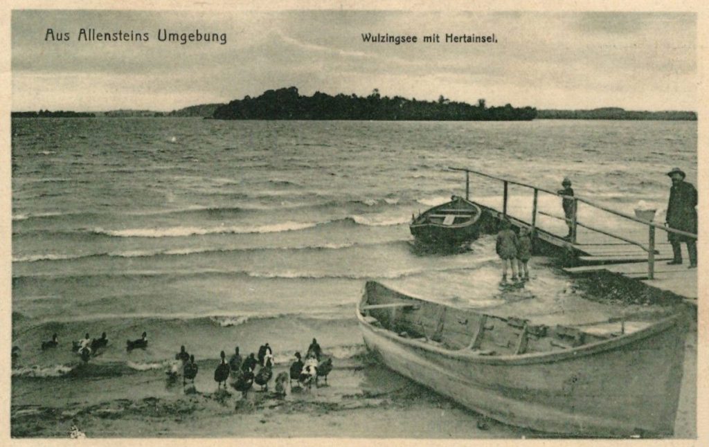 Widok na jezioro z łodziami i ludźmi.