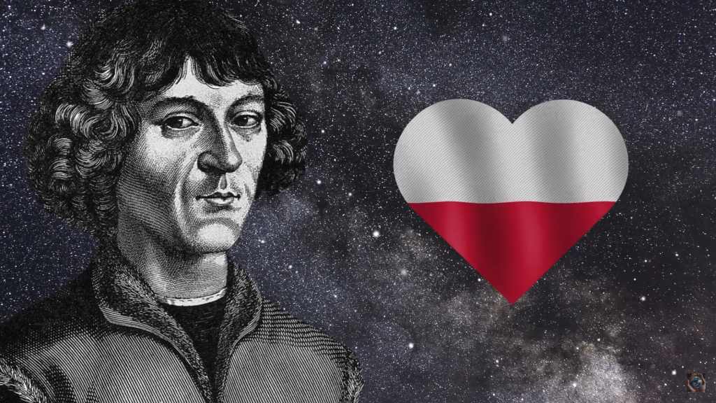 Portret mężczyzny z sercem w barwach Polski na tle galaktyki.