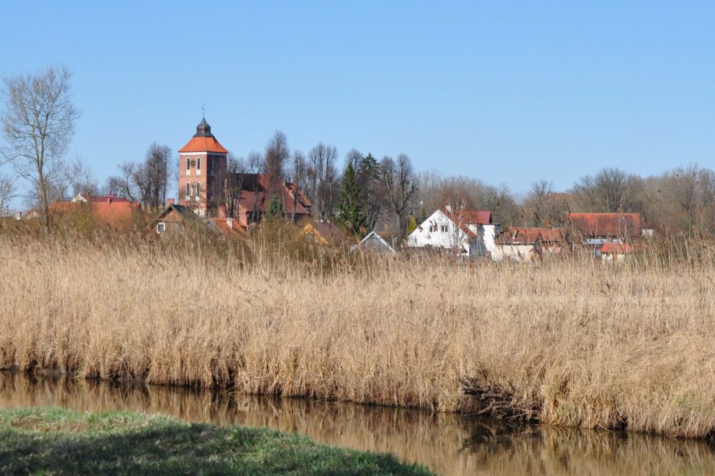 Widok na wieś z domami i kościołem, w tle drzewa, a na pierwszym planie trawa i woda. Jasne niebo.