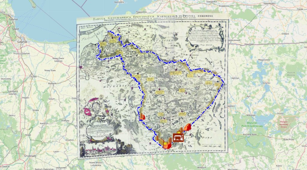 Stara mapa regionu Warmii z naniesioną trasą na współczesnej mapie.