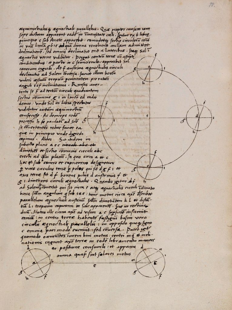 Rysunek przedstawia tekst w języku łacińskim z diagramem okręgów oraz opisem dotyczącym ich geometrów i właściwości, umieszczonym na kartce starego manuskryptu.