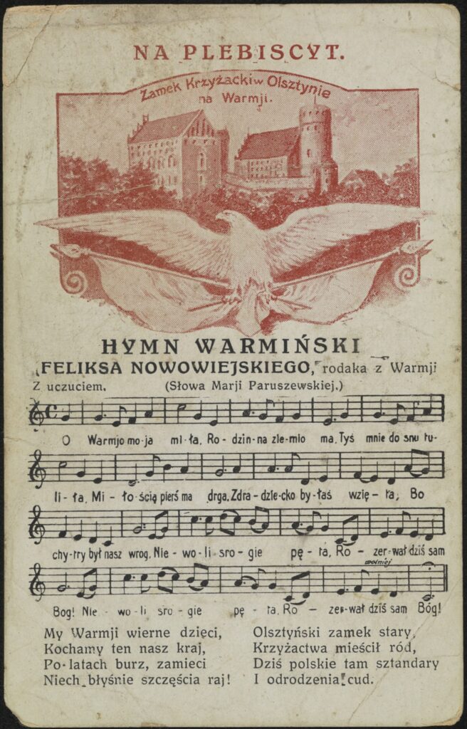 Stary dokument z hymnem warmińskim i ilustracją zamku.