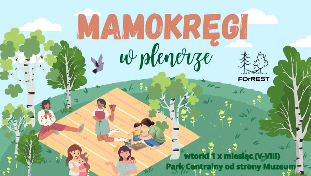 Ilustracja przedstawiająca mamę z dzieckiem w parku.