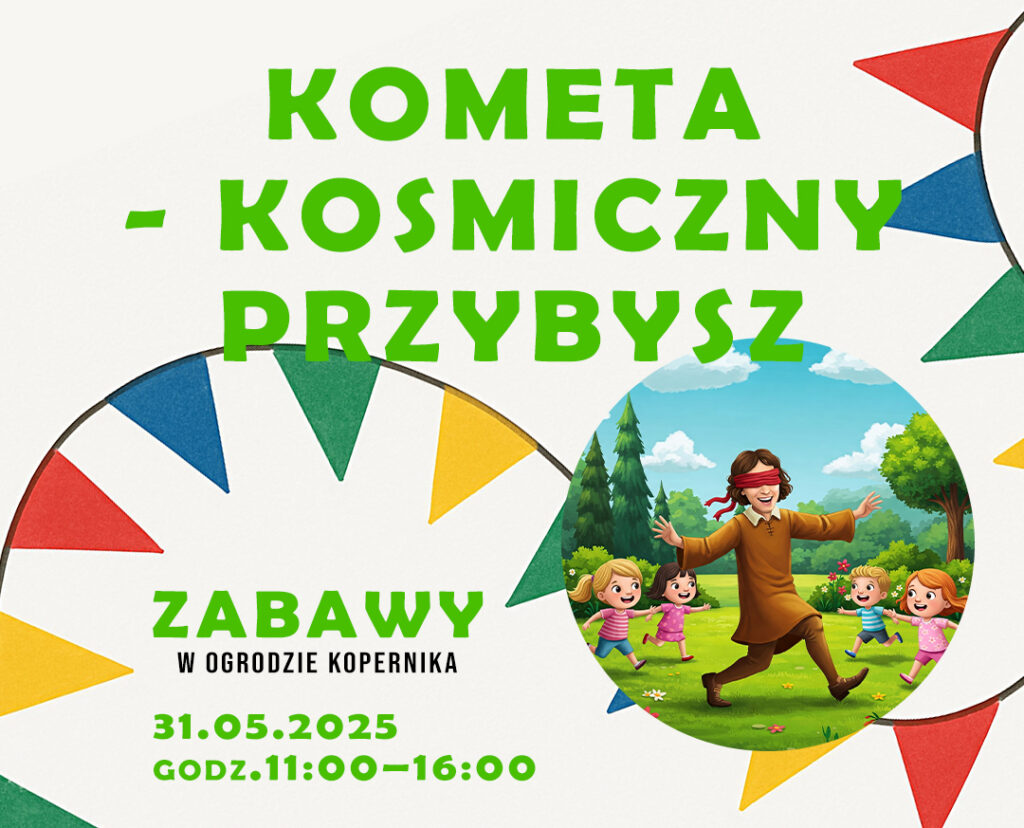 Plakat wydarzenia dla dzieci z zabawami w Ogrodzie Kopernika