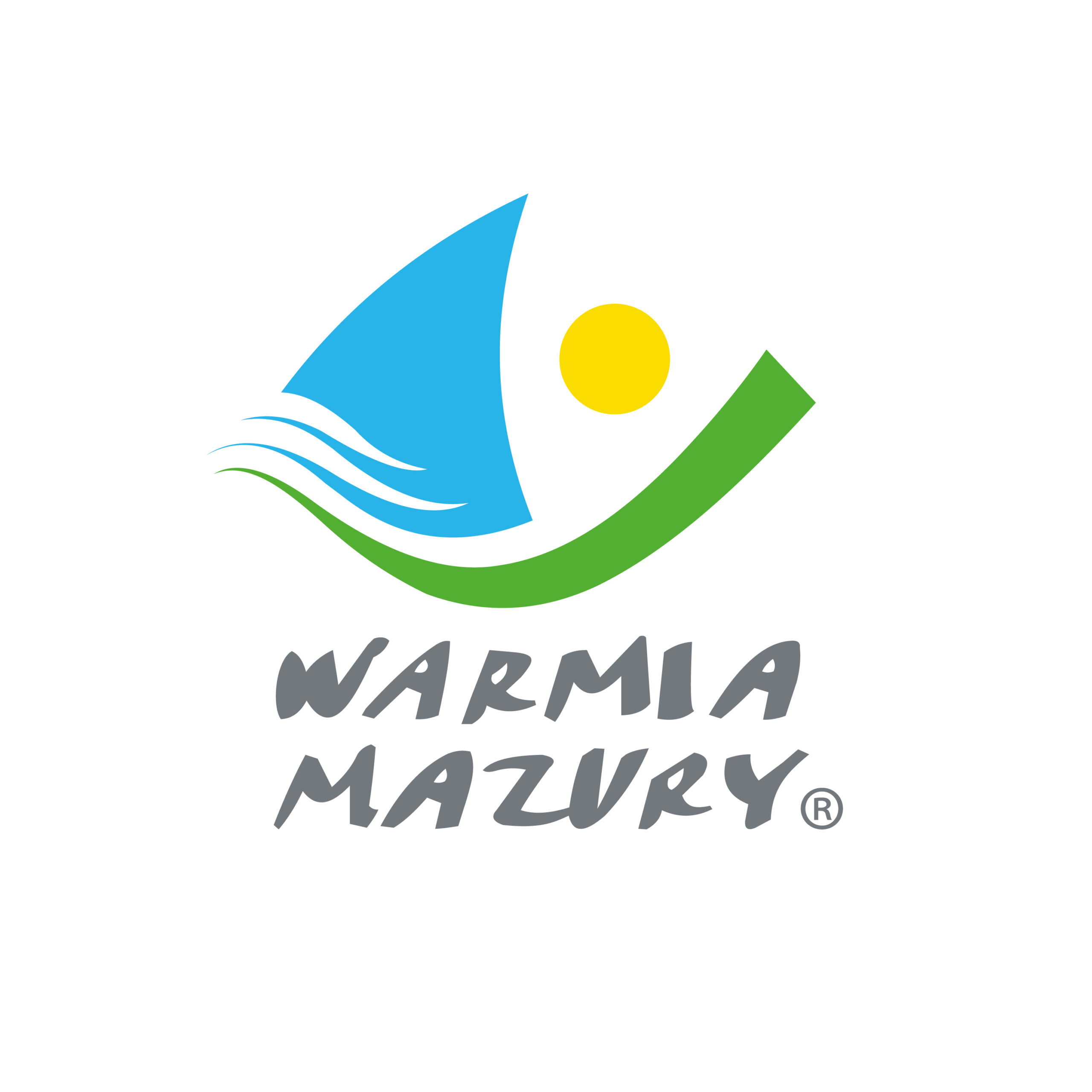 Logo Warmii i Mazur z symbolem żagla i słońca