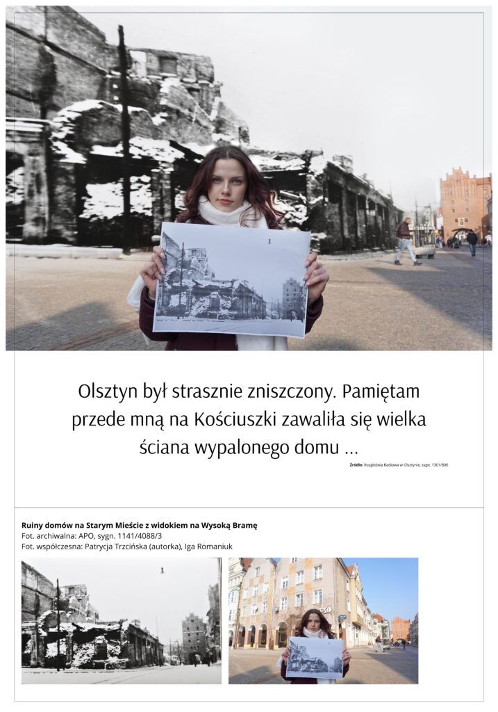 Kobieta trzyma zdjęcie zniszczonego Olsztyna na tle współczesnej ulicy.