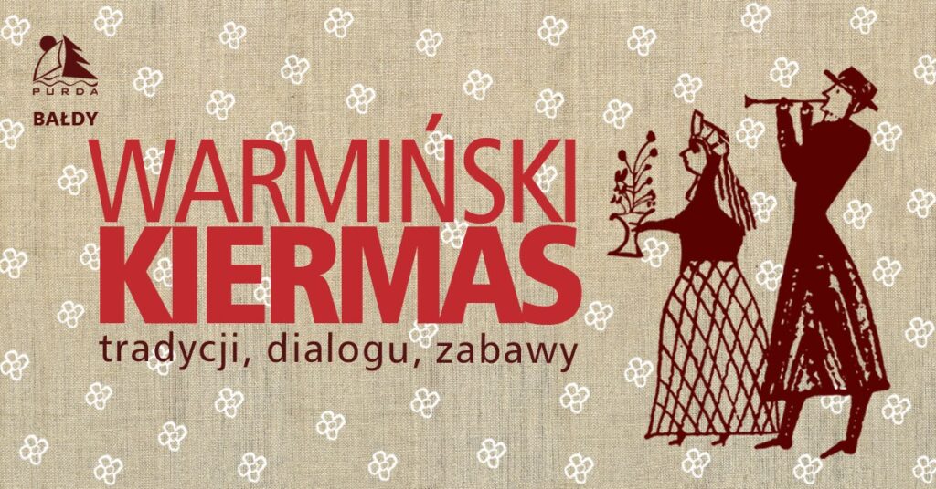 Plakat promujący Warmiński Kiermasz z rysunkami postaci i kwiatami.