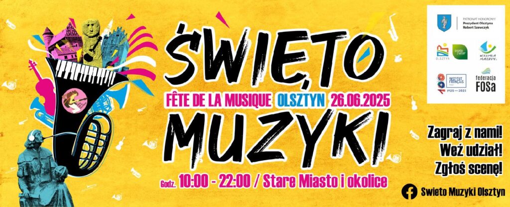 Plakat informujący o Święcie Muzyki w Olsztynie.