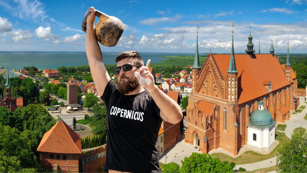 Mężczyzna trzymający garnek na tle miasta i kościoła.