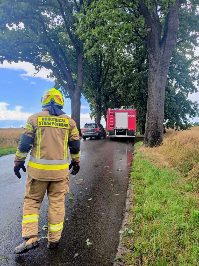Strażak w mundurze na drodze obok wozu strażackiego