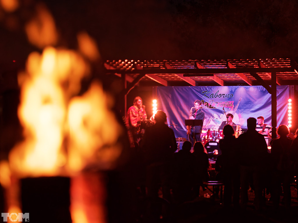 Muzycy grający koncert jazzowy przy ognisku.