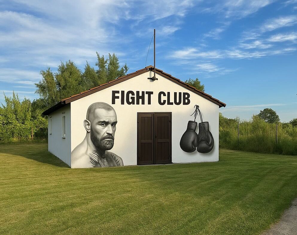Budynek z muralem z napisem 'FIGHT CLUB'.