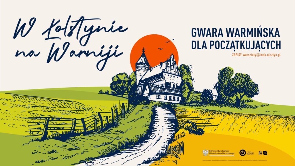 Ilustracja krajobrazu Warmii z zamkiem i słońcem