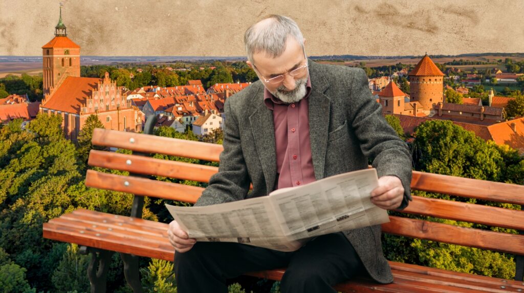 Starszy mężczyzna siedzi na ławce i czyta gazetę.