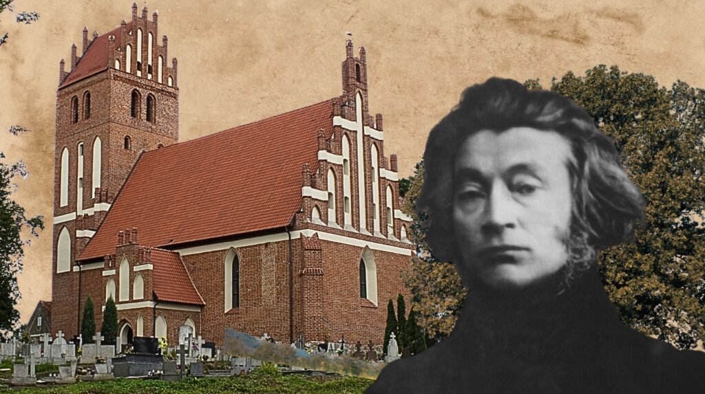 Czarnobiała fotografia mężczyzny obok kościoła.