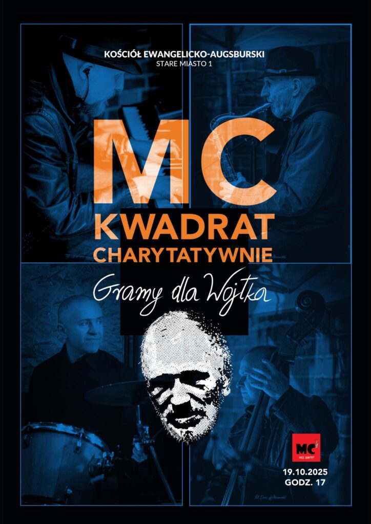 Plakat wydarzenia muzycznego z artystami grającymi na instrumentach.