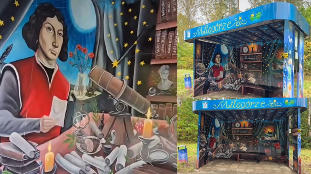 Murale przedstawiające astronomiczne elementy na wiatrołapie.