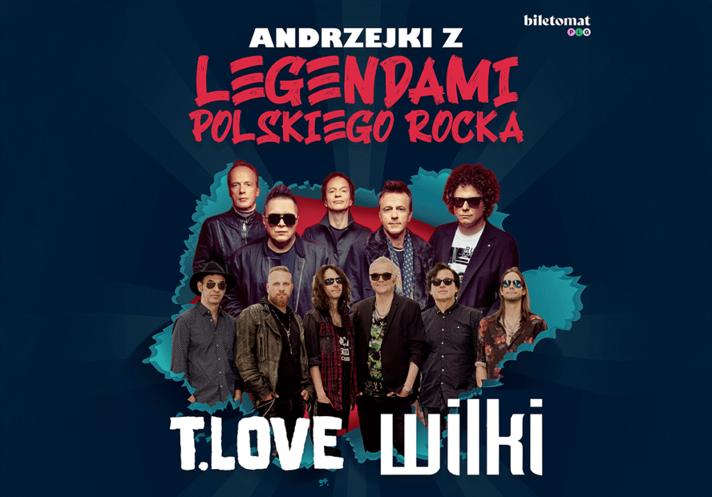 Zdjęcie grupy muzyków promujących Andrzejki z legendami polskiego rocka.