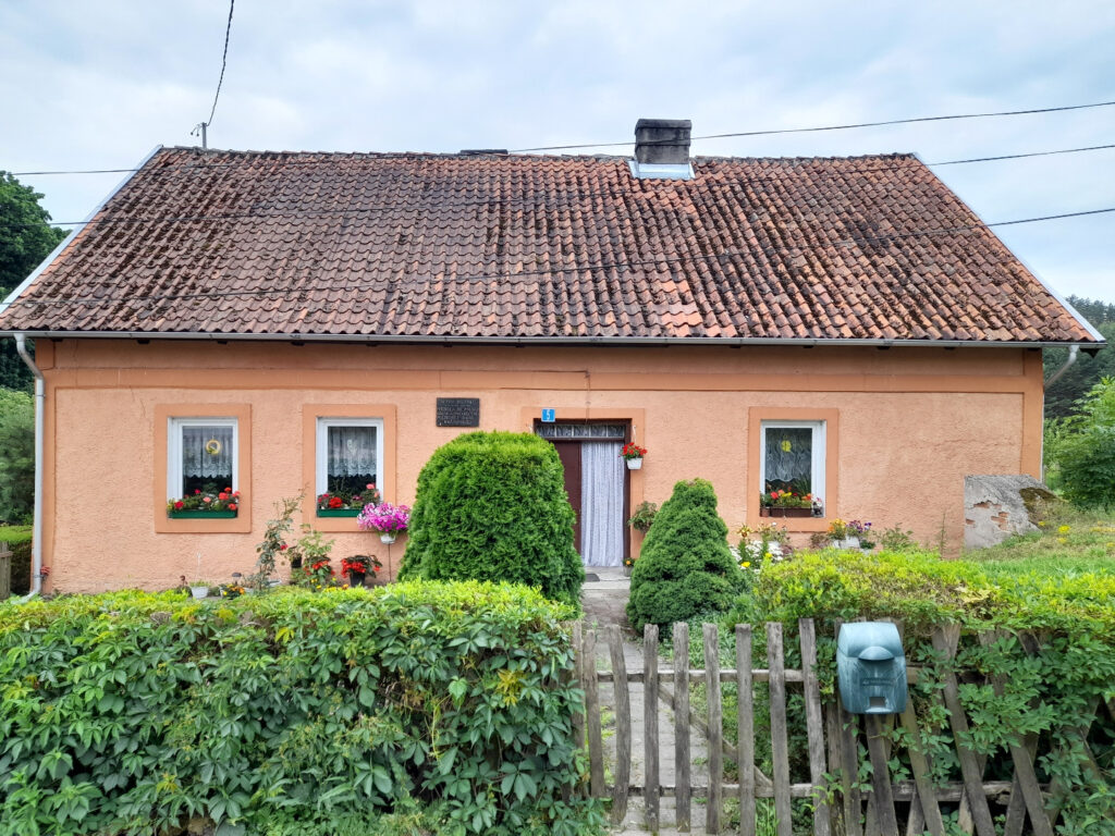 Różowy domek z kwiatami w oknach