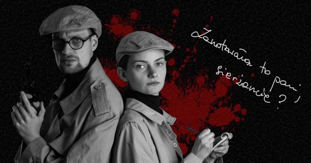 Para detektywów w stylu noir na tle czerwonych plam.