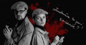 Para detektywów w stylu noir na tle czerwonych plam.