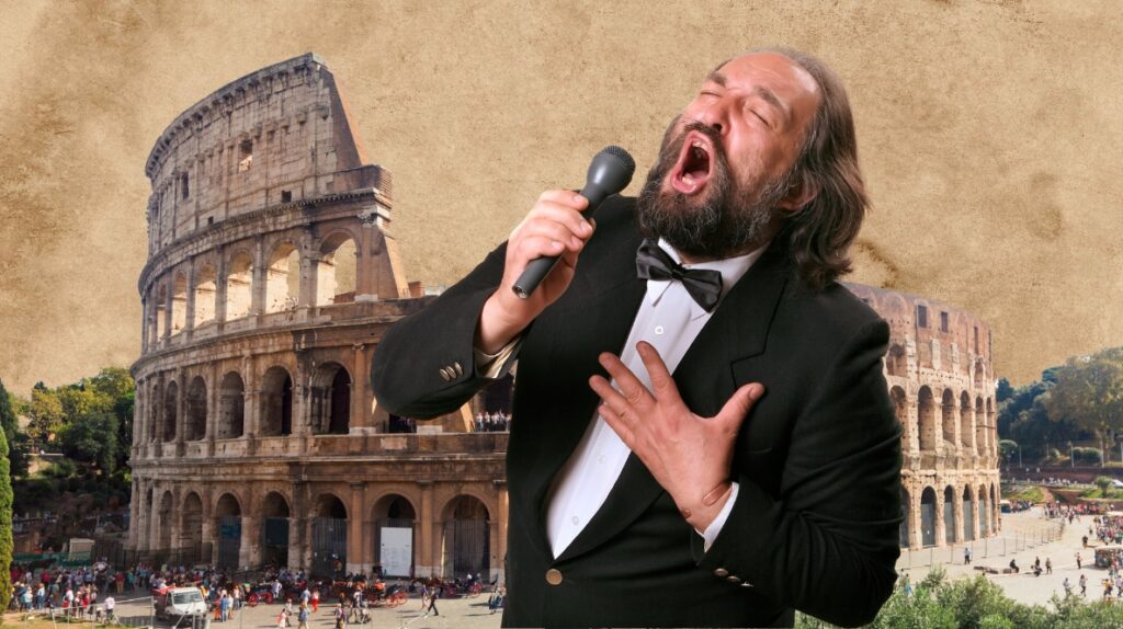 Mężczyzna w smokingach śpiewa z mikrofonem obok Koloseum
