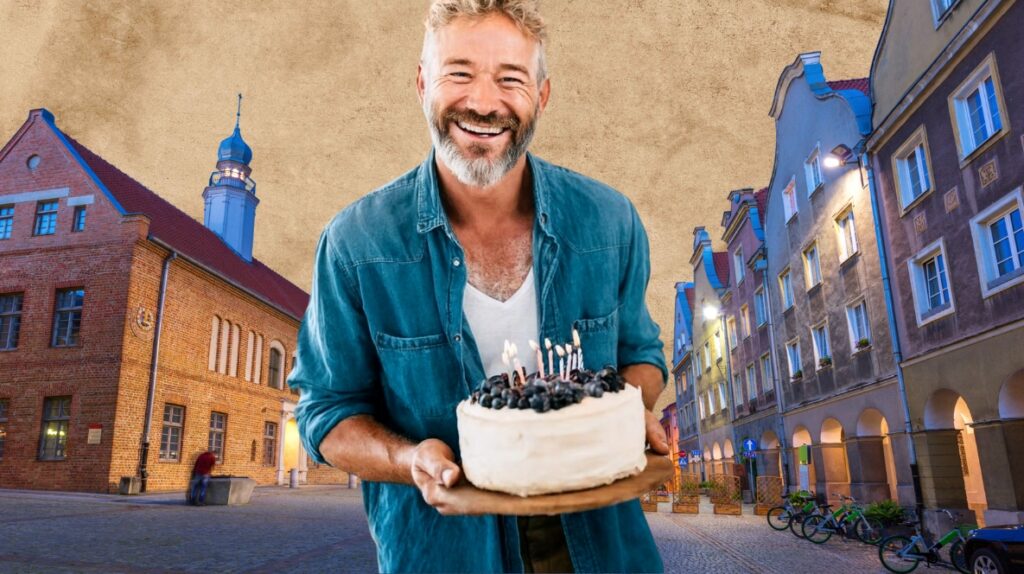 Mężczyzna trzyma tort urodzinowy w kolorowej scenerii.