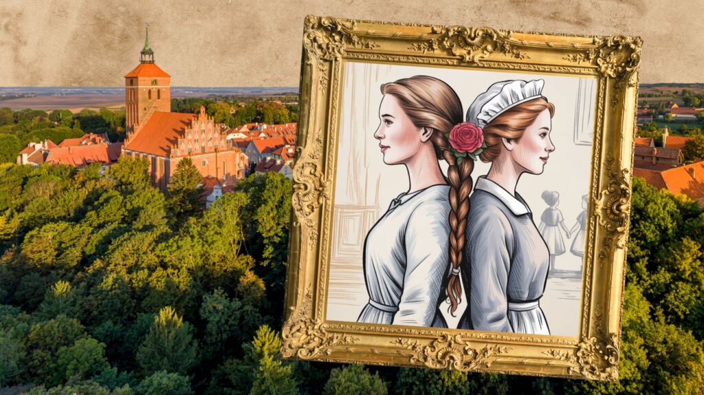 Obrazek przedstawiający dwie kobiety w eleganckiej ramie z widokiem na miasto.