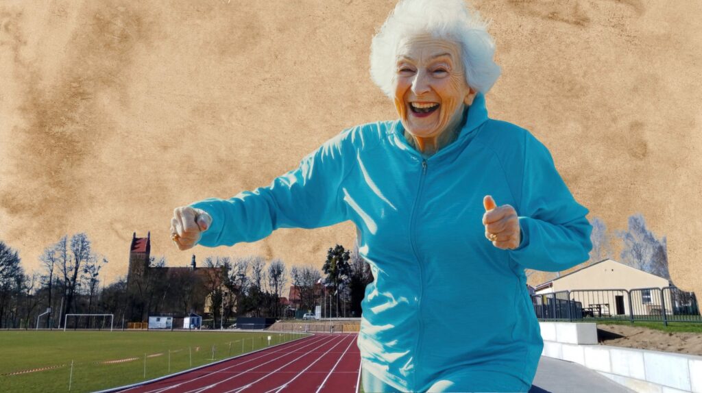 Szczęśliwa starsza kobieta biegnąca na bieżni