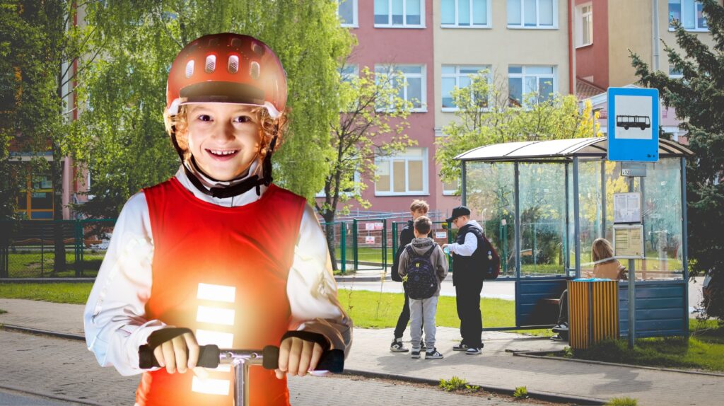 Uśmiechnięty chłopiec na hulajnodze w kasku.