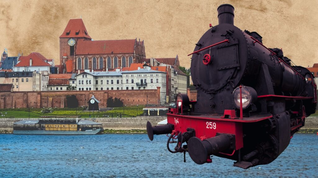 Parowóz i widok na Toruń