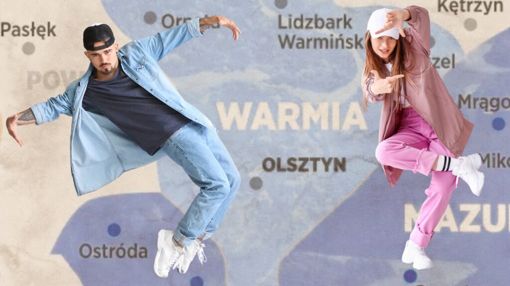Dwoje tancerzy w dynamicznych pozach na tle mapy.