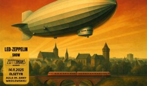 Plakat koncertu ze statkiem powietrznym nad miastem.