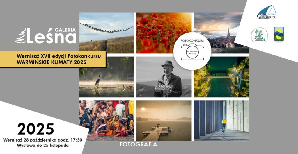 Plakat zapraszający na wernisaż Fotokonkursu Warmińskie Klimaty 2025.