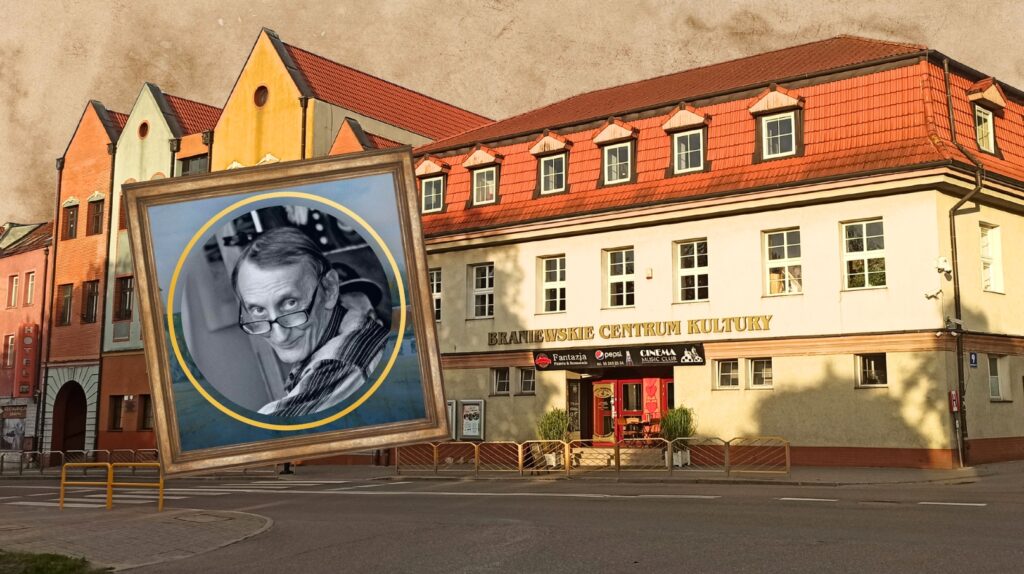 Portret mężczyzny w ramie na tle budynku.