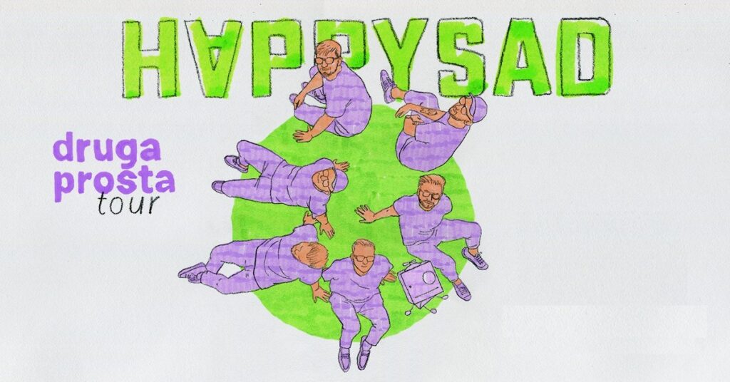 Ilustracja sześciu postaci w fioletowych strojach otoczonych przez zielony okrąg, z napisem 'HAPPY SAD'.