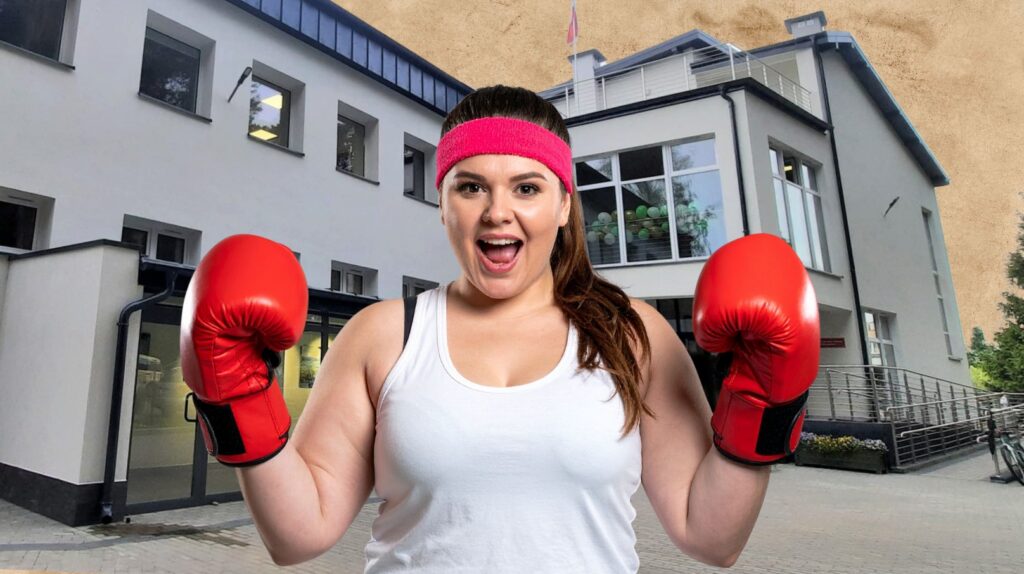 Kobieta w rękawicach bokserskich pozująca z uśmiechem.