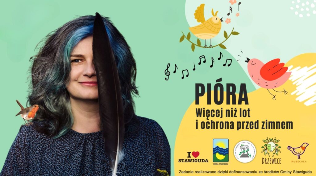Kobieta z piórem i ptakiem, grafika w tle