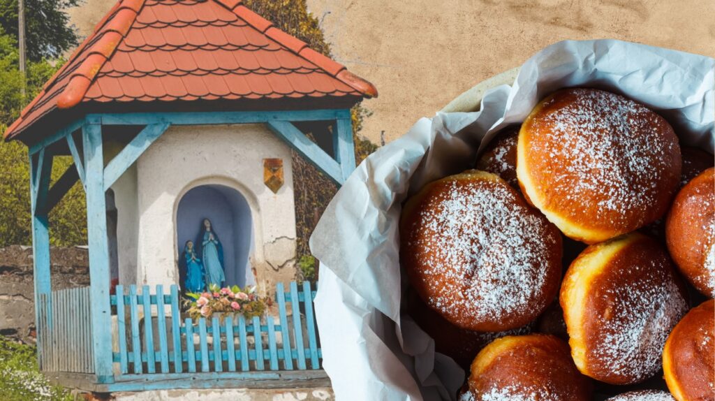 Kapliczka z figurkami i pączkami w koszyku