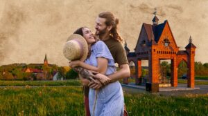 Kochająca się para na tle malowniczej scenerii