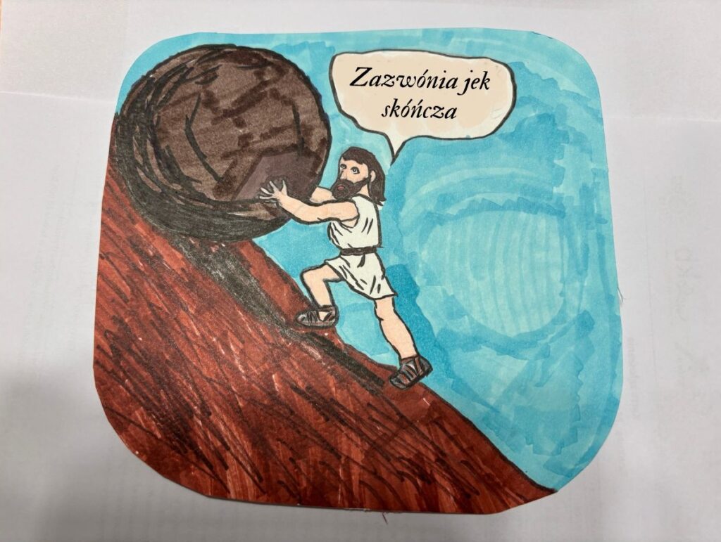 Ilustracja mitologiczna herosa ciągnącego głaz na wzgórze.