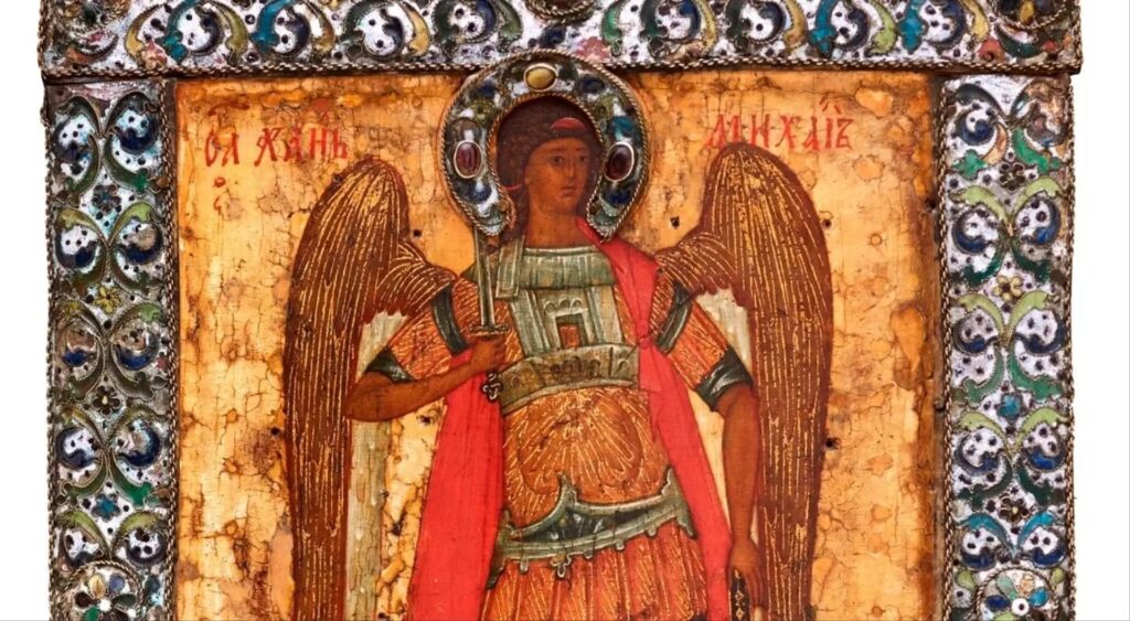Ikona św. Michała Archanioła z kolorowym tłem