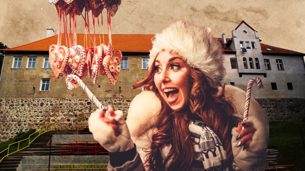 Kobieta trzymająca lizaki w zimowej scenerii.