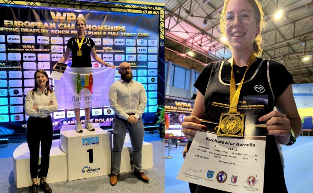 Uczestniczka mistrzostw Europy w podnoszeniu ciężarów na podium.