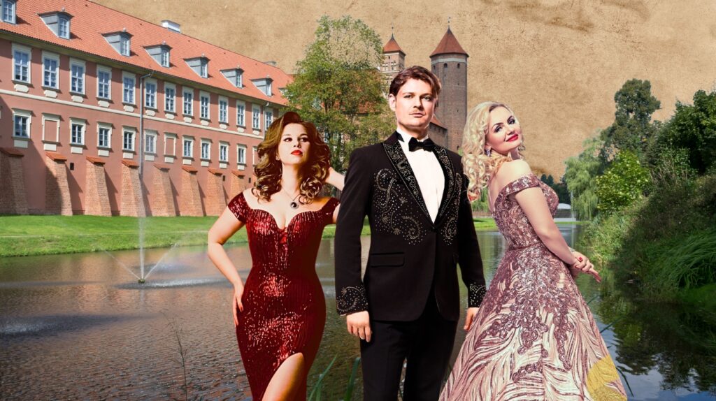 Eleganckie osoby w strojach wieczorowych przy wodzie.